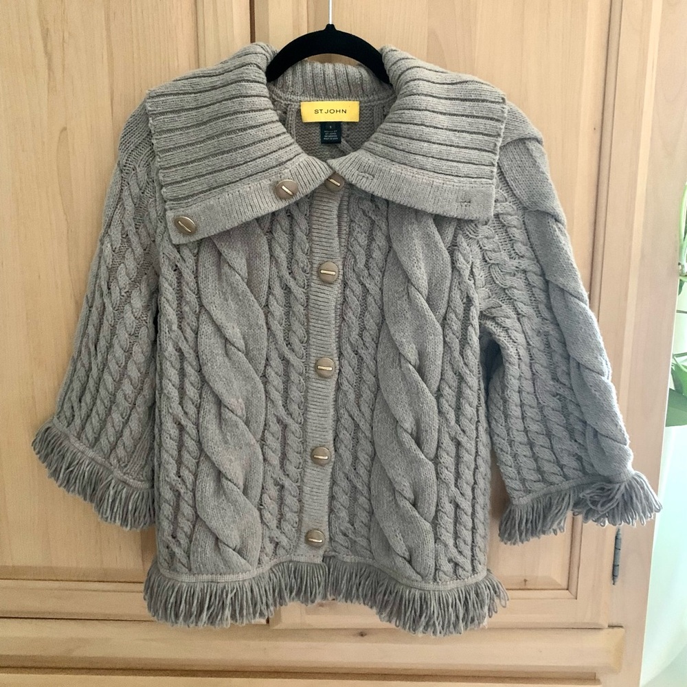 St. John Cable Knit Button Down Tan Sweater SzS